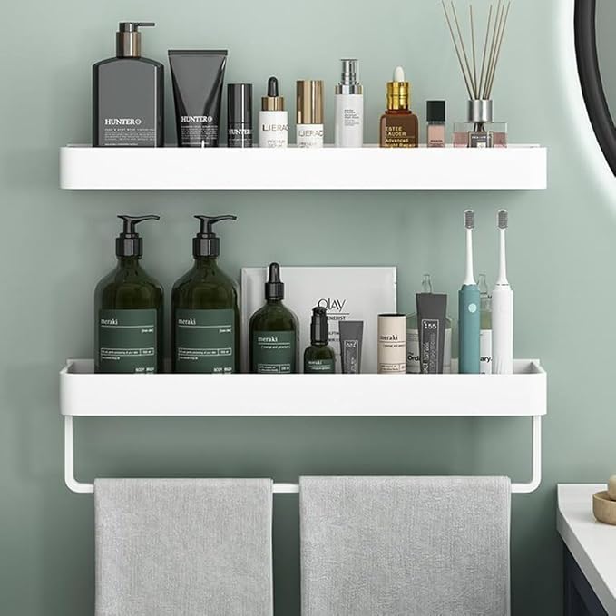 2-Tier Floating Shelf with Removable Hooks, Bathroom Shelves Wall Mounted (White)