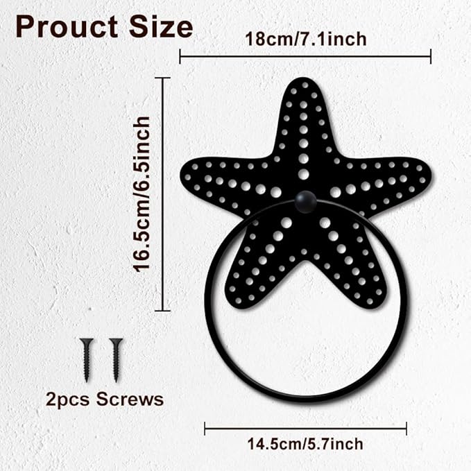 MAYJOYDIY Starfish Metal Towel Ring Summer Ocean Theme Towel Holder Polka Dot Starfish Wall Decor Towel Hanger Black Art Towel Rack Wall Mounted for Bathroom Kitchen Home Decors Gift