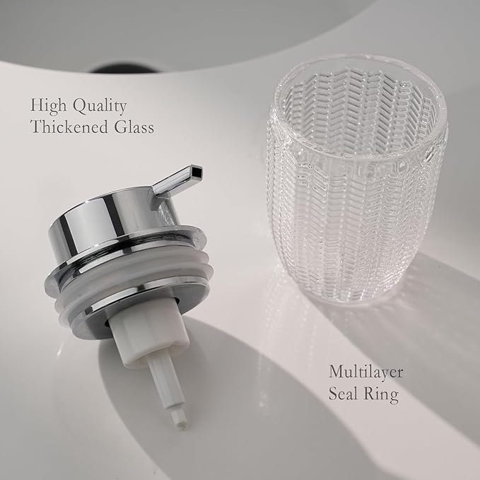CICUFY Foaming Hand Soap Dispenser, Glass Foam or Lotion Dispenser for Kitchen & Bathroom Refillable Liquid Soap with Large Silver Pump(Barrel Pattern-Clear)