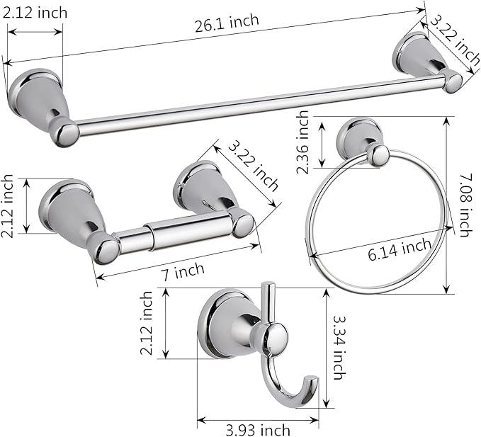 BGL 4-Piece Bathroom Accessory Set Chrome Bathroom Hardware Set 24 Inches Adjustable Towel Bar Towel Ring Paper Holder Robe Hook