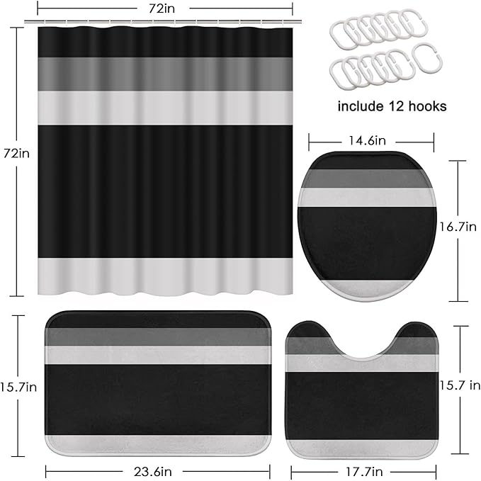 Striped Black Shower Curtain Set with Toilet Lid Cover and Non-Slip Rugs for Bathroom, Minimalist Grey Geometric 4 Pcs Shower Curtain, Modern Bathroom Set with 12 Hooks