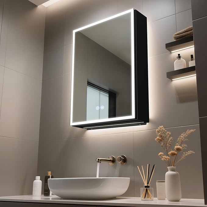 Lighted Medicine Cabinet with Mirror, 20 x 28 inch LED Bathroom Mirror Cabinet with Anti-Fog, Dimmable 3 Colors Front & Bottom Light, Buit-in Sockets & USBs (Left Hinge)