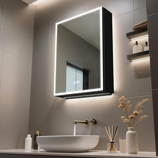 Lighted Medicine Cabinet with Mirror, 20 x 28 inch LED Bathroom Mirror Cabinet with Anti-Fog, Dimmable 3 Colors Front & Bottom Light, Buit-in Sockets & USBs (Left Hinge)