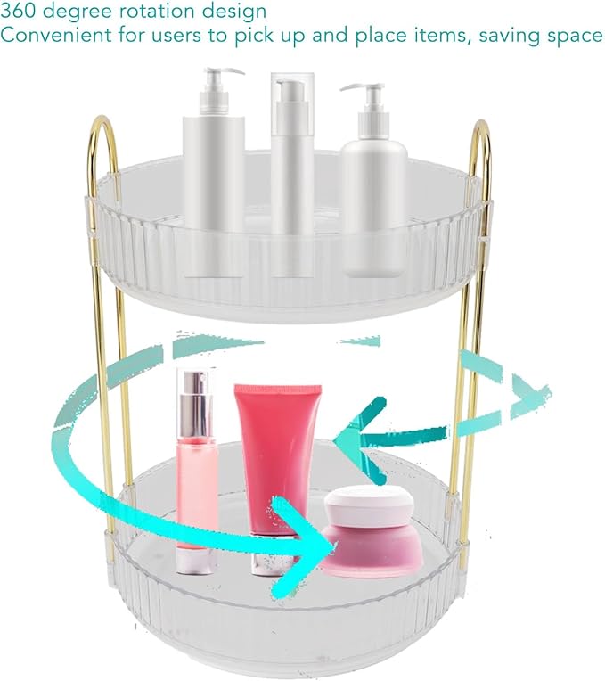 Makeup Organizer,2 Tier Makeup Rack - 360° Rotating Space Saving Cosmetic Countertop for Bedroom, Bathroom, and Kitchen - for Skincare and Beauty Products! (White)