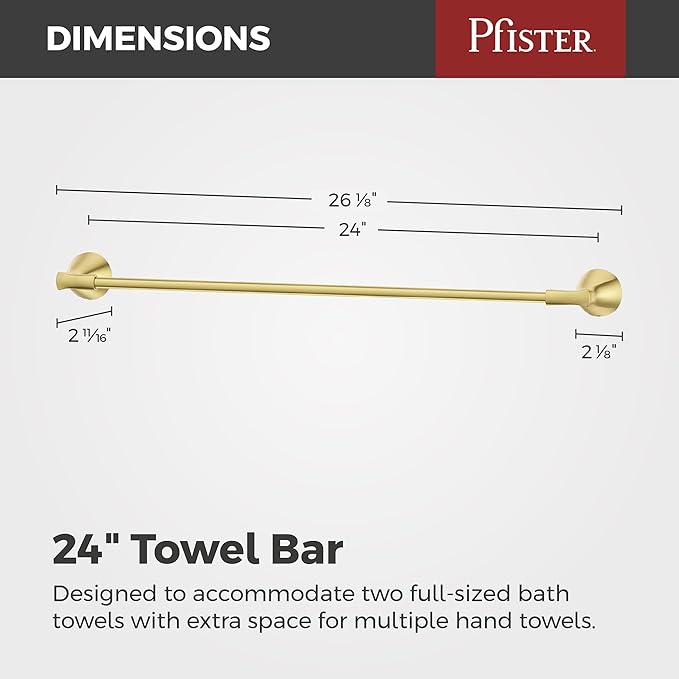 Pfister Willa Bath Towel Bar for Bathroom, 24-Inch, Wall-Mounted, Screw-in, Brushed Gold Finish, BTBWLL2BG