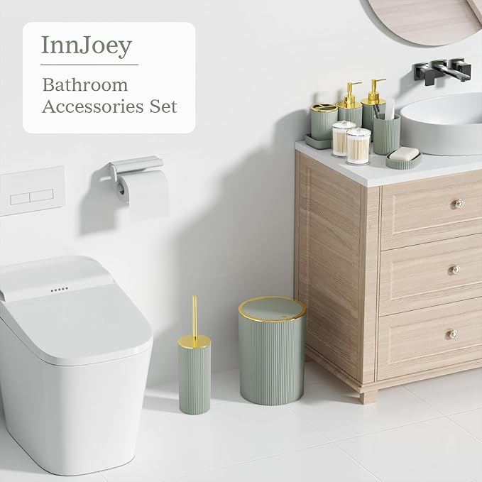 Sage Green and Gold Bathroom Accessories Set - Bathroom Sets, 25PC Bath Accessory Set, Bathroom Sets with Push Top Trash Can, Shower Curtain and Rugs, Toilet Brush, Trash Can & Soap Dispenser