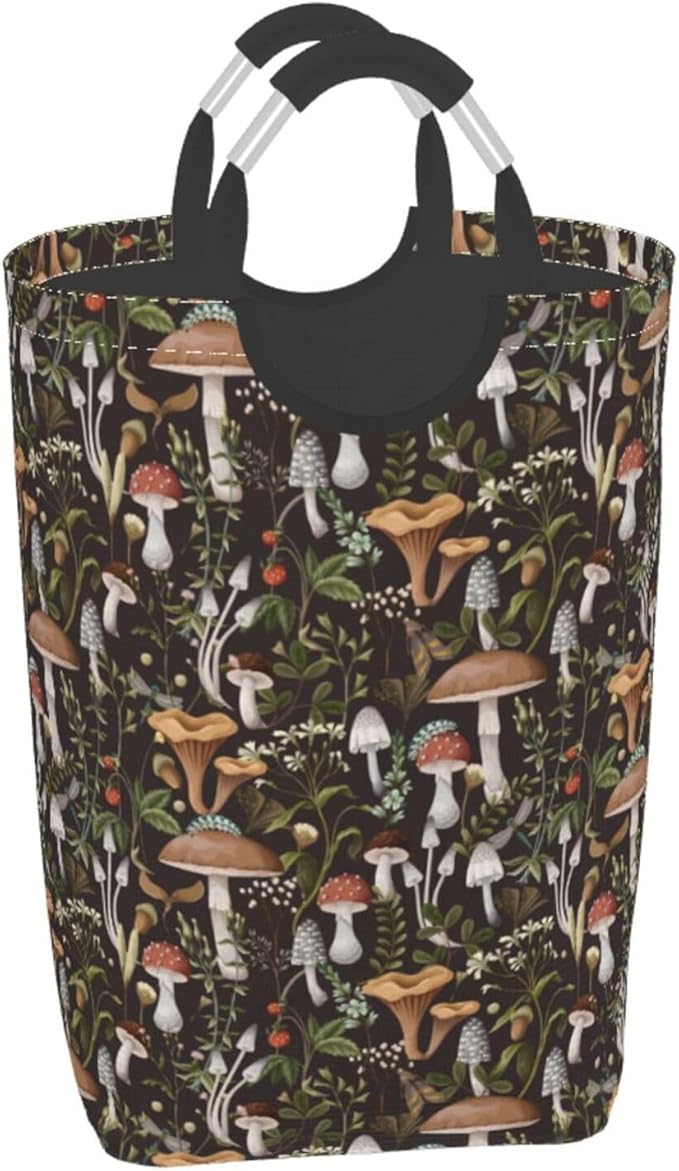 Mushrooms Berries Laundry Basket - Black Foldable Hamper With Handles, Collapsible Plants Design, 50L Storage Bin for Dorm and Family