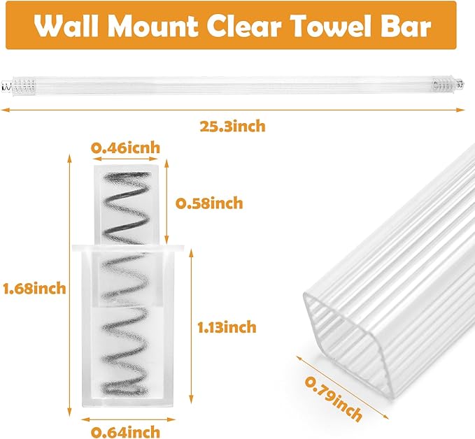Towel Bar Replacement Rod 24 Inches Bathroom Towel Rack with Adjustable Spring End Wall Mount Replacement Towel Bar for Ceramic Holder Bathroom and Kitchen Towel Rod Storage (Clear Towel Holder)
