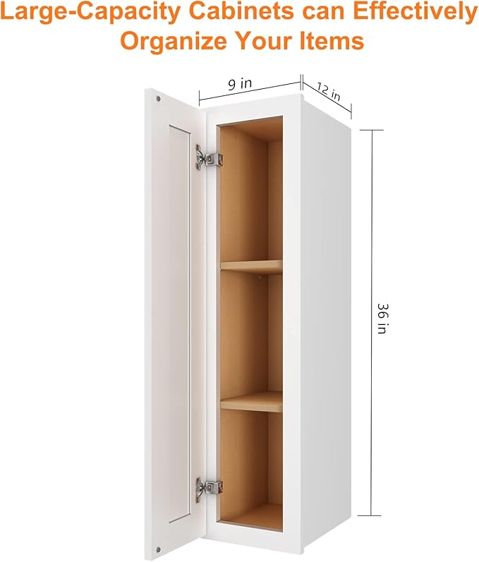 ROOMTEC Wood Wall Cabinet,RTA Single Door Medicine Cabinet with Adjustable Shelves and Soft-Close Door for Kitchen, Bathroom, and Laundry. 12" D*9" W*36" H, Traditional White