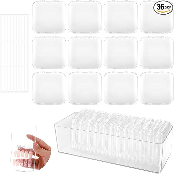 36 Pcs Press on Nail Storage Box Container All-In-One Clear 3 pcs Double Sided Tape Acrylic Display Fake Nail 3 Big Storage Box Organizer Case Artificial False Nail Boxes Packaging for Press Ons
