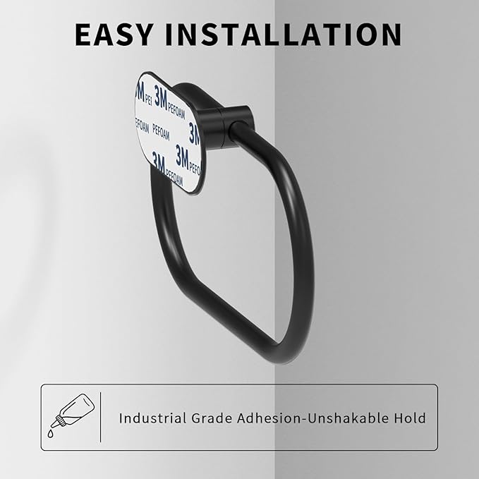 Adhesive Towel Holder for Bathroom Matte Black No Drill Hand Towel Ring Stainless Steel and Zinc Alloy Self Adhesive Towel Hanger for Bath, Kitchen