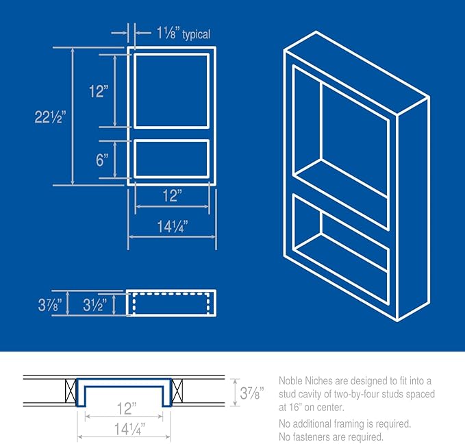 Noble 304 Preformed 12" x 12" + 6" x 12" ID Shower Niche, Tub, Caddy, Modern Bathroom Storage Solution, Built-in Shelf, Water-Resistant, Easy Install Ideal for Toiletries Shampoo Shower Accessories