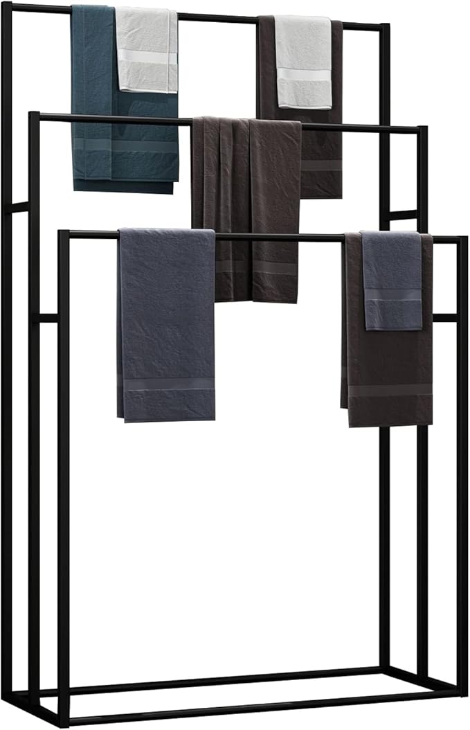 3 Tier Standing Towel Rack - Extra Wide Large Bathroom Towel Stand, Heavy-Duty Metal Towel Drying Rack for Poolside (Matte Black, 37.4” Wide)