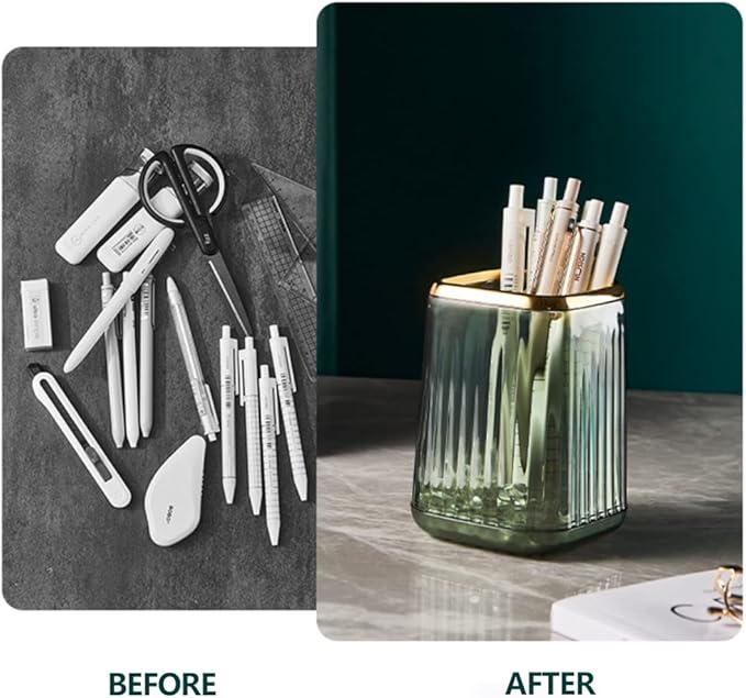 Makeup Brush Cup Holder Organizer for Vanity, Acrylic Vintage Green Make Up Brushes Holders Container Storage with Striped Design for Bathroom Countertop, Pen Pencil Holder Cosmetic Cup for Desk