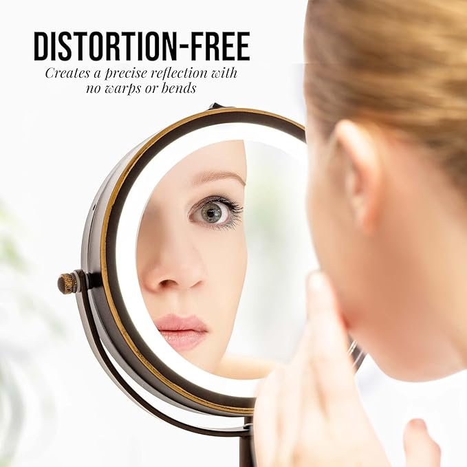 OVENTE 6" Lighted Makeup Mirror with 1X/7X Magnification, Cordless Tabletop Mount Vanity Round Mirror with 360° Swivel Design and Double Sided Cool Tone LED Ring Light, Antique Bronze MLT60ABZ1X7X