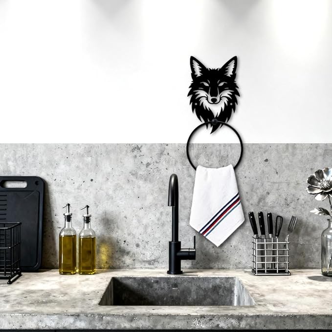 MAYJOYDIY Fox Head Metal Towel Ring Round Animal Hand Towel Holder Ring Hanger Wall Mount Black Vintage Towels Wall Organizer for Kitchen Bath Home Laundry Room Decors Gifts