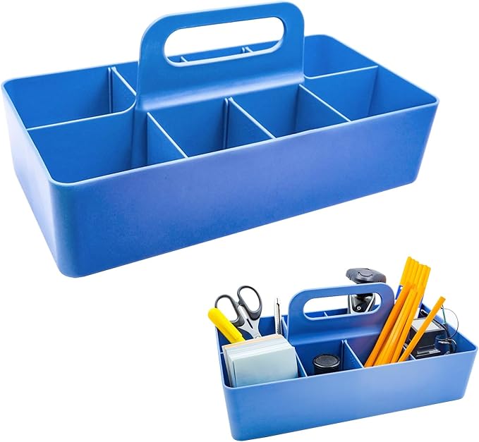 New Plastic Portable Makeup Organizer Caddy Tote Divided Basket Bin with Handle, DIY Divider, 8 Compartments - Office Supplies Organizer -Blue
