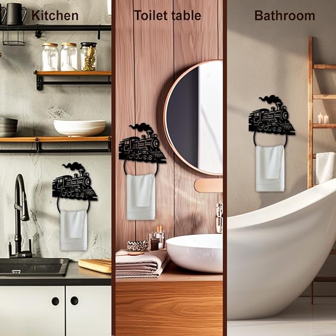 MAYJOYDIY Train Metal Towel Ring Round Vintage Train Hand Towel Holder Ring Hanger Black Vintage Towels Wall Organizer for Kitchen Bath Home Laundry Room Decors Gifts