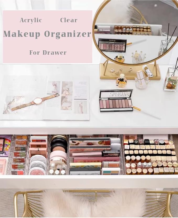 Grehge JoBom Acrylic Makeup Organizer,8-Compartments Removable Clear Cosmetic Storage Boxes for Drawer (8 Compartments)