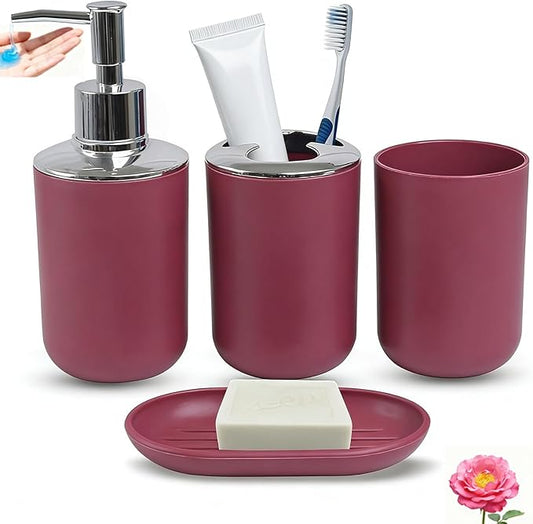 Red Bathroom Accessories Set, 4 Piece Plastic Bathroom Toothbrush Holder Set, Include Soap Dispenser, Toothbrush Holder, Rinse Cup, Soap Dish, Boho Burgundy Bathroom Decor for Home, Bathroom Set