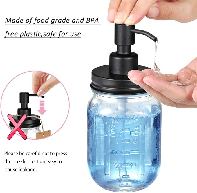 Amolliar Mason Jar Liquid Soap Dispenser Lid, Rust Proof Stainless Steel Replacement, Farmhouse Decor for Kitchen, Bathroom, Bath, Liquid Soap Pump for Hand Soap, Dish Soap, Lotion Soap, Black 2 Pack