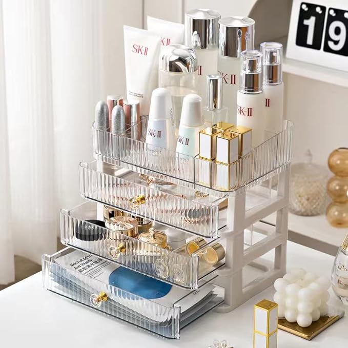 No band Makeup Organizer Cosmetic Storage Organizer for bathroom Vanity Countertop,Cosmetic Display Box Case with Drawers and Cover Waterproof Dust-proof (pink1)