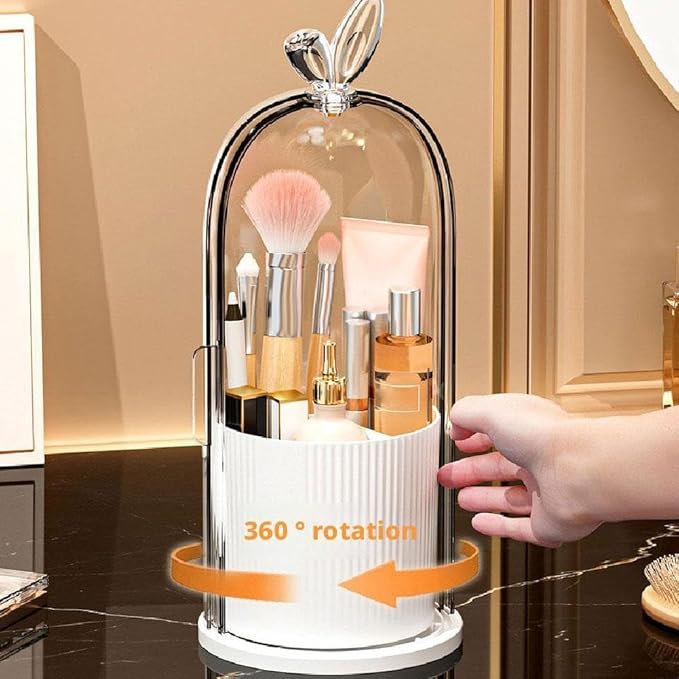Makeup Brush Holder Organizer with 360?? Rotating Lid,Concealed Toothbrush Holder,3 Slots Bathroom Organizer Countertop for Vanity Desktop, Clear Cover Easy Visibility