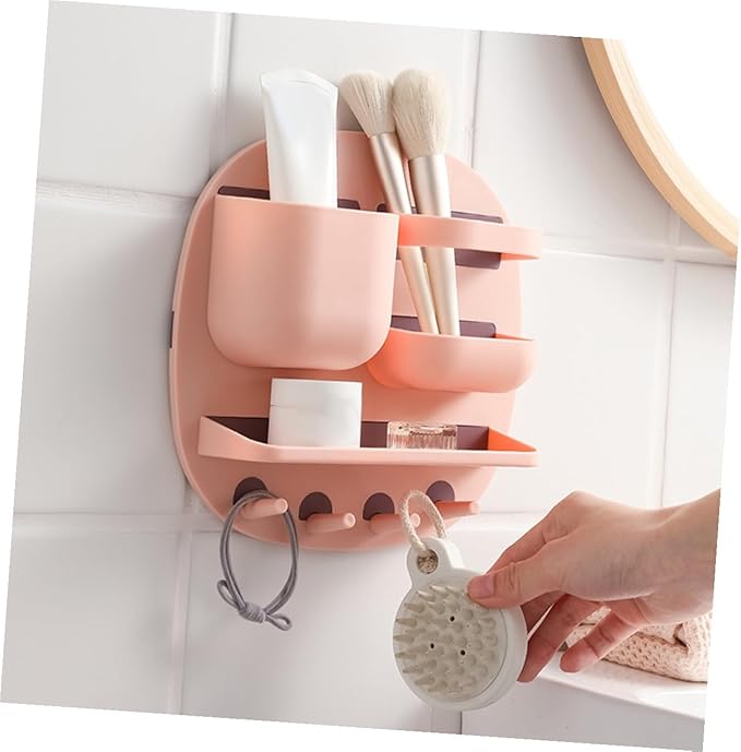 WOONEKY Bathroom Shelf Wall Mounted 3-Compartment Floating Storage Rack with Platform and 4 Hooks, Pink Wall Holder for Bathroom Organizer and Toiletries Storage
