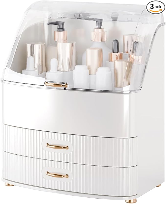 Makeup Organizer Countertop Vanity with Transparent Lid Drawers Waterproof Dustproof Cosmetic Skincare Bathroom Storage Gift for Women Teens Girls (Whtie)