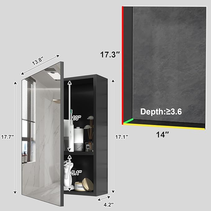 18x14 Inch Bathroom Medicine Cabinet with Mirror, Pre-Assembled Bathroom Medicine Cabinets, Surface/Recessed Wall Mounted Farmhouse Large Medicine Cabinet, Black