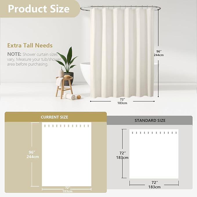 OVZME Berry Extra Long Cream Shower Curtain 96 Inch Long, 3D Embossed Texture Fabric Bathroom Shower Curtain, Large Hotel Bath Curtain with 12 Holes, Washable Cloth Shower Curtains, 72x96, Cream