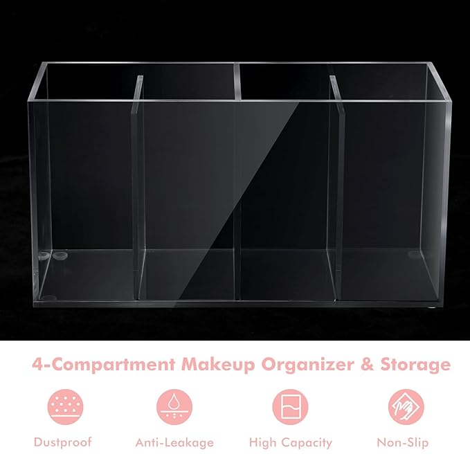 1 Pack 4 Compartment Acrylic Makeup Organizer with Lid Lash Cart Organizer for Lash Techs Bathroom Storage with 4 Tray Eyelash Mascara Brushes Supplies Brush Holder for Cosmetics or Office Supplies