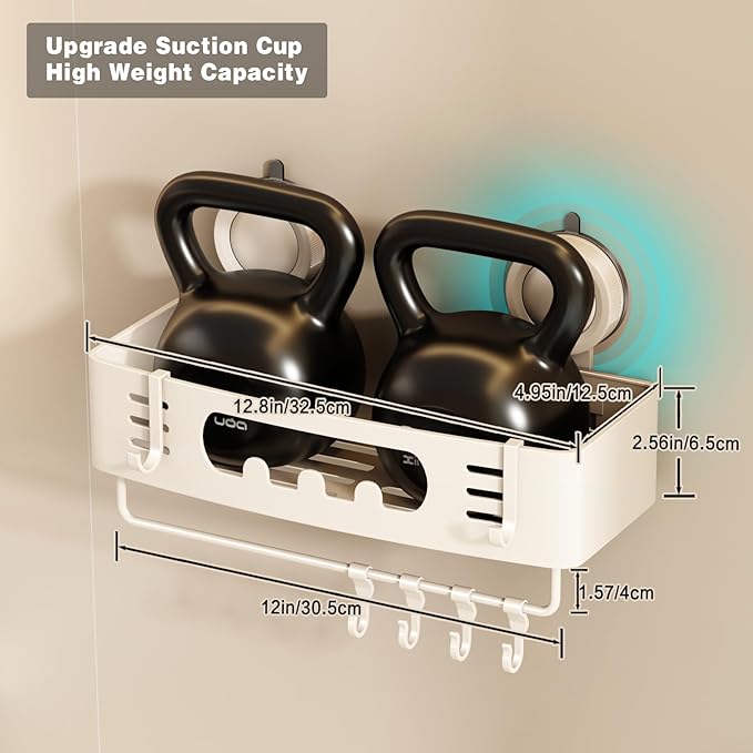 Voldra Shower Caddy Suction Cup, Shower Shelves for Inside Shower No Drilling, Aluminum Suction Showers Organizer for Wall with Towel Bar & Hooks Removable Bathroom Storage Rack(2 Pack-White)