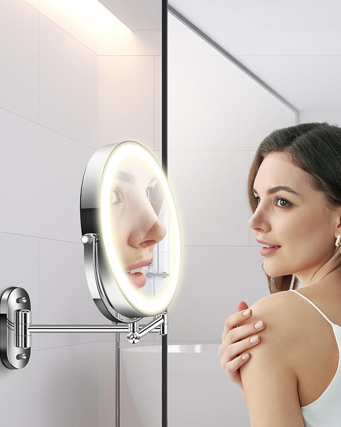 vpu 9" Wall Mounted Makeup Mirror with Light, 20X/1X Height Adjustable Double Sided Magnifying Bathroom Lighted Mirror, 3 Color Touch Dimmable Extended Arm 360 Rotation Light up Magnification Mirrors