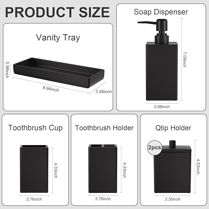 Black Bathroom Accessories Set Resin 6PCS, Square Toothbrush Holders Set Complete with Soap Dispenser, Vanity Tray, Tumbler, Cups and Cotton Swab Jars for Counter, Sink or Small Spaces