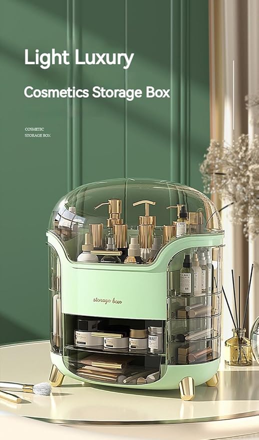 Professional Makeup Organizer Box and Cosmetic Display Case for Perfume, Lotion, Skincare Creams, Brushes, and Accessories, Large Vanity Storage, Rotating Drawers-White