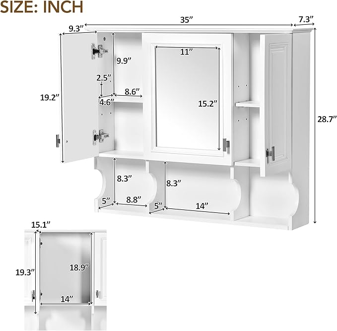 Virubi Bathroom Wall Cabinet with Mirror, Medicine Cabinet with 3 Doors and Adjustable Shelf, Space Saver Storage Cabinets Over The Toilet for Bathroom (35'' x 28'') (White)