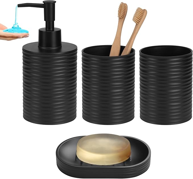 Plastic Bathroom Accessories Set 4Pcs, Black Bathroom Accessory Set Includes Liquid Soap Dispenser with Rust-Proof Plastic Pump, 2Pcs Bathroom Cup, Soap Dish for Modern Home Apartment