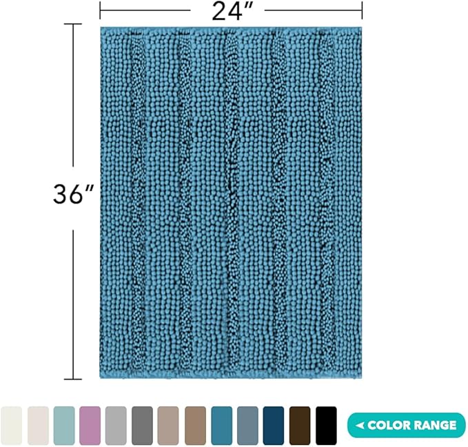 Turquoize Chenille Bath Rugs Shaggy Non Slip Blue Bath Rug, 24x36, Turquoise Blue