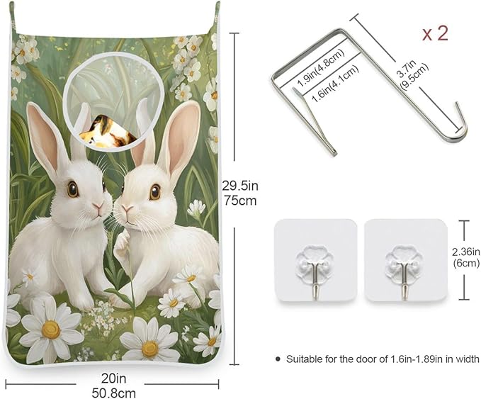 Green Easter Bunny Daisy Door Hanging Laundry Hamper Bag with Free Adjustable Stainless Steel Hooks Dirty Clothes Hamper Extra Large Over the Door Laundry Hamper 29.5X20inch 1 PCS