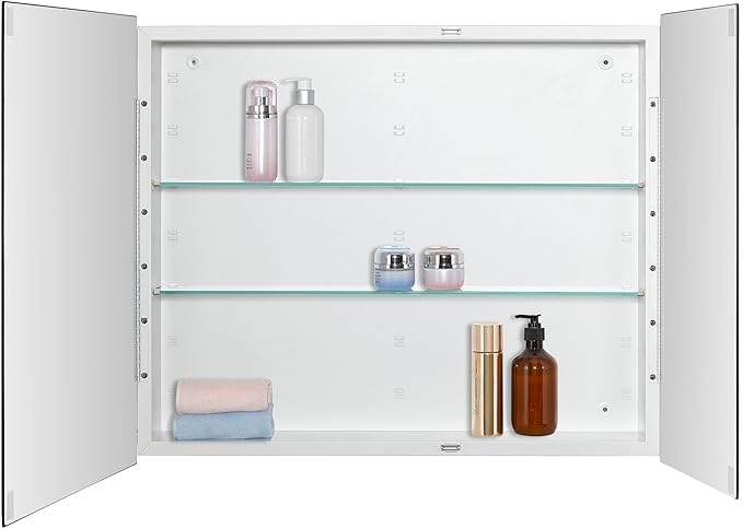IDYLLOR Bathroom Medicine Cabinet with Beveled Edge Mirrored Door 30 x 26 inch, Recessed or Surface Mount, with Adjustable Glass Shelves