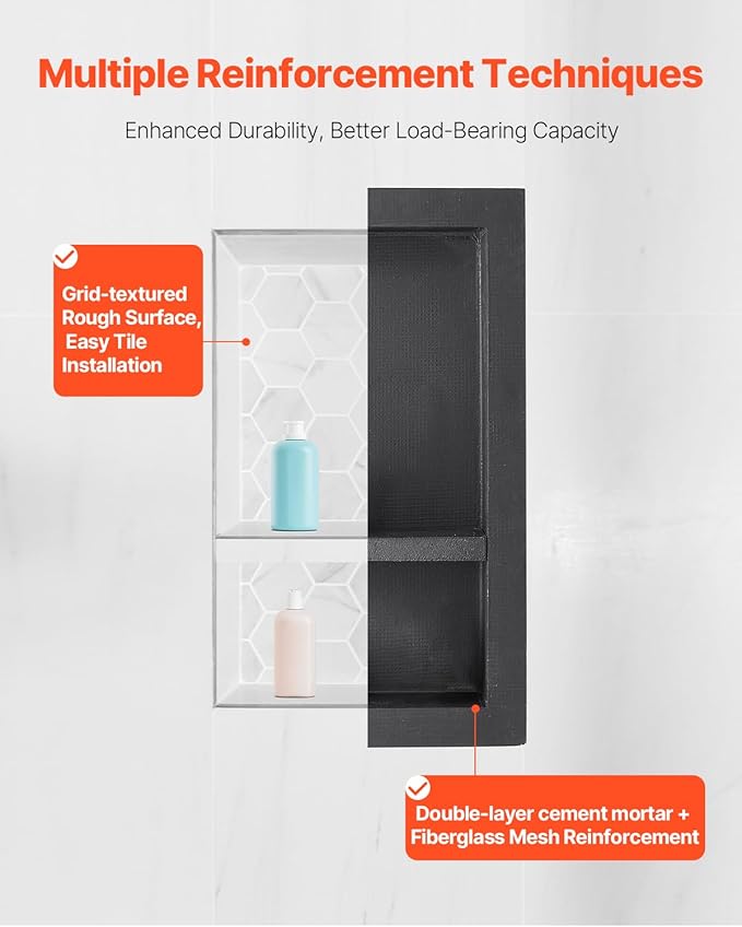 VEVOR Shower Niche, 16 x 28 x 4 inch Recessed Wall Niche with Movable Divider Shelf, Modern Soap & Shampoo Storage Organizer, Square Corners, Sealed Waterproof Design, Black for Bathroom Shower