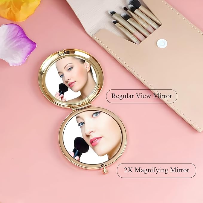 Golden Compact Mirror for Purse, Double-Sided 1X/2X Magnifying, Portable Travel Makeup Mirror, Folding Mini Pocket Mirrors(Gold)