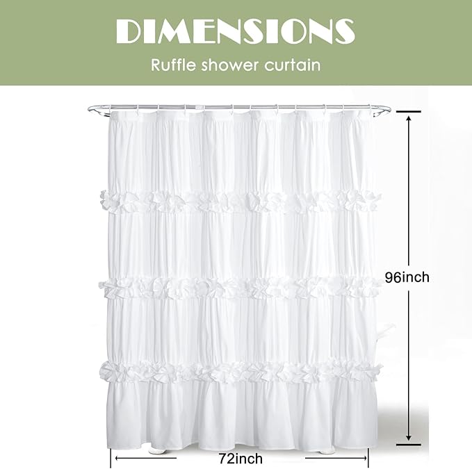 Victorian Ruffle Shower Curtain 72" W x 96" H, Vintage Handcrafted Bow Tie Bath Curtain for Master Bathroom, Ruched Microfiber Bathroom Curtain with 12 Buttonholes, White (LQ-10)