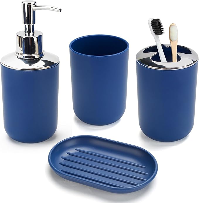 4 Pcs Bark Blue Bathroom Accessories Set,Bohemian Bathroom Toothbrush Holder Set.Include Soap Dispenser, Soap Dish, Toothbrush Holder, Mouthwash Cup, Modern Bahtroom Decor Set