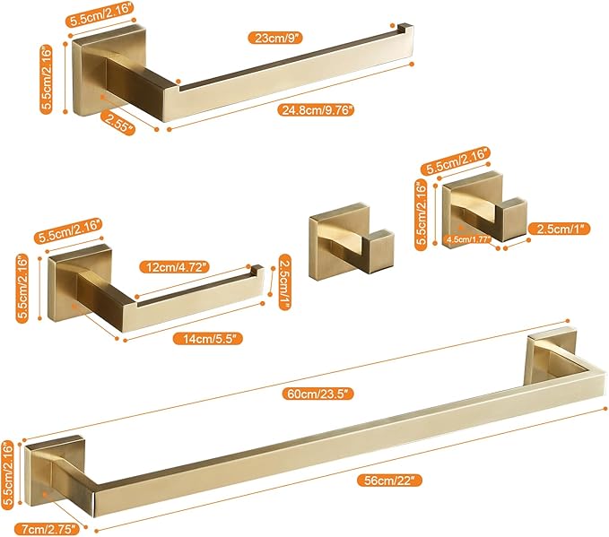 Bathroom Hardware Set 23.6-Inch Towel Bar,2pcs Towel Hook,Toilet Paper Holder,Hand Towel Holder Stainless Steel Brushed Gold Bathroom Accessories GTS3190BG…