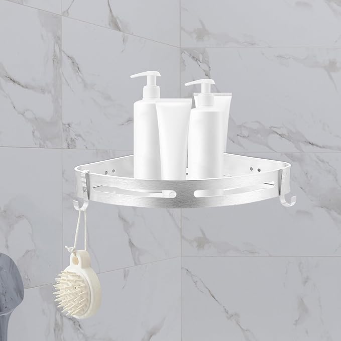 Punch-Free Wall-Mounted Storage Rack Bathroom Shelf Triangle Holder Space Aluminum Double Layer with Hooks Silver for Hotel and Home Organization