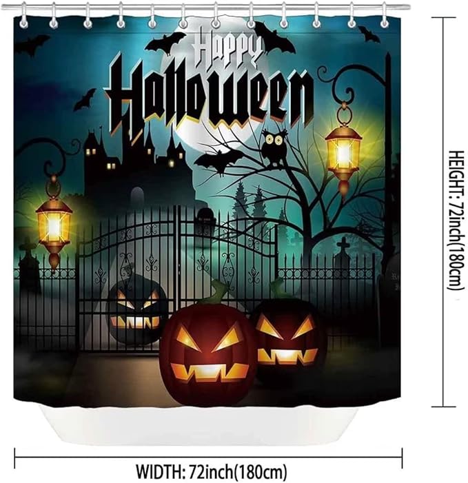 NBVKO Halloween Bats Castle Pumpkin Waterproof Shower Curtain Set,with Non-Slip Rugs,Toilet Lid Cover and Bath Mat,Black Gloomy Bathroom Decor Accessory Set