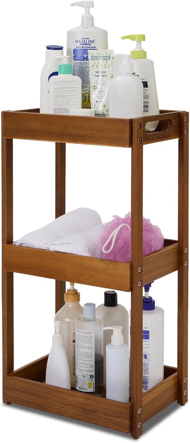 BEEFURNI Acacia Wood Shower Caddy, 3 Tier Shower Organizer, Sturdy Corner Shower Caddy, Wooden Bathroom Shelves Freestanding, Bathroom Standing Shelf (3T)
