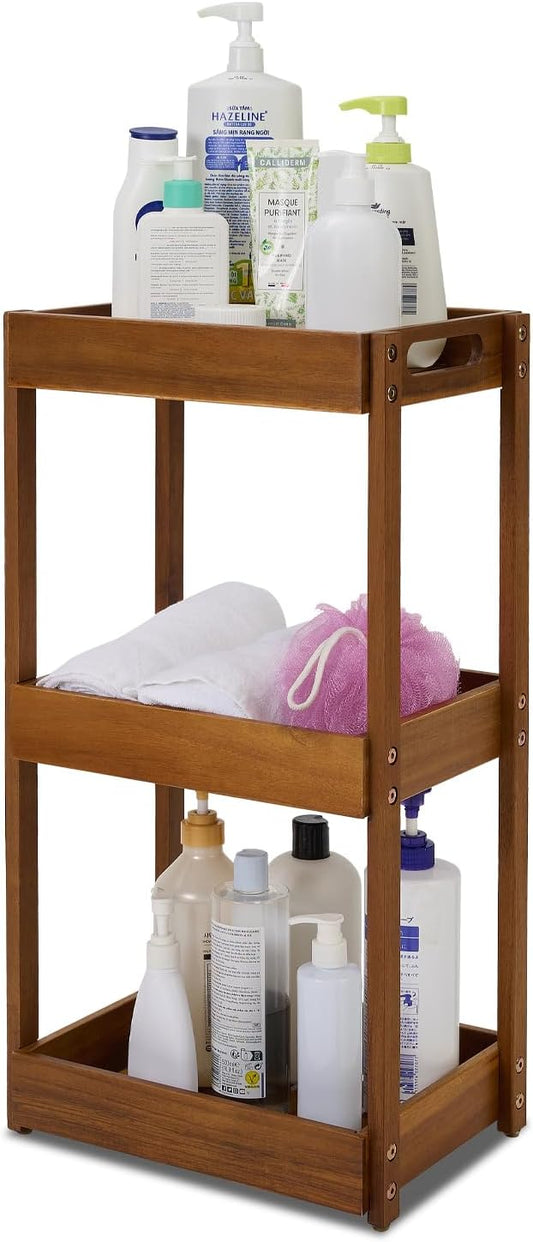 BEEFURNI Acacia Wood Shower Caddy, 3 Tier Shower Organizer, Sturdy Corner Shower Caddy, Wooden Bathroom Shelves Freestanding, Bathroom Standing Shelf (3T)